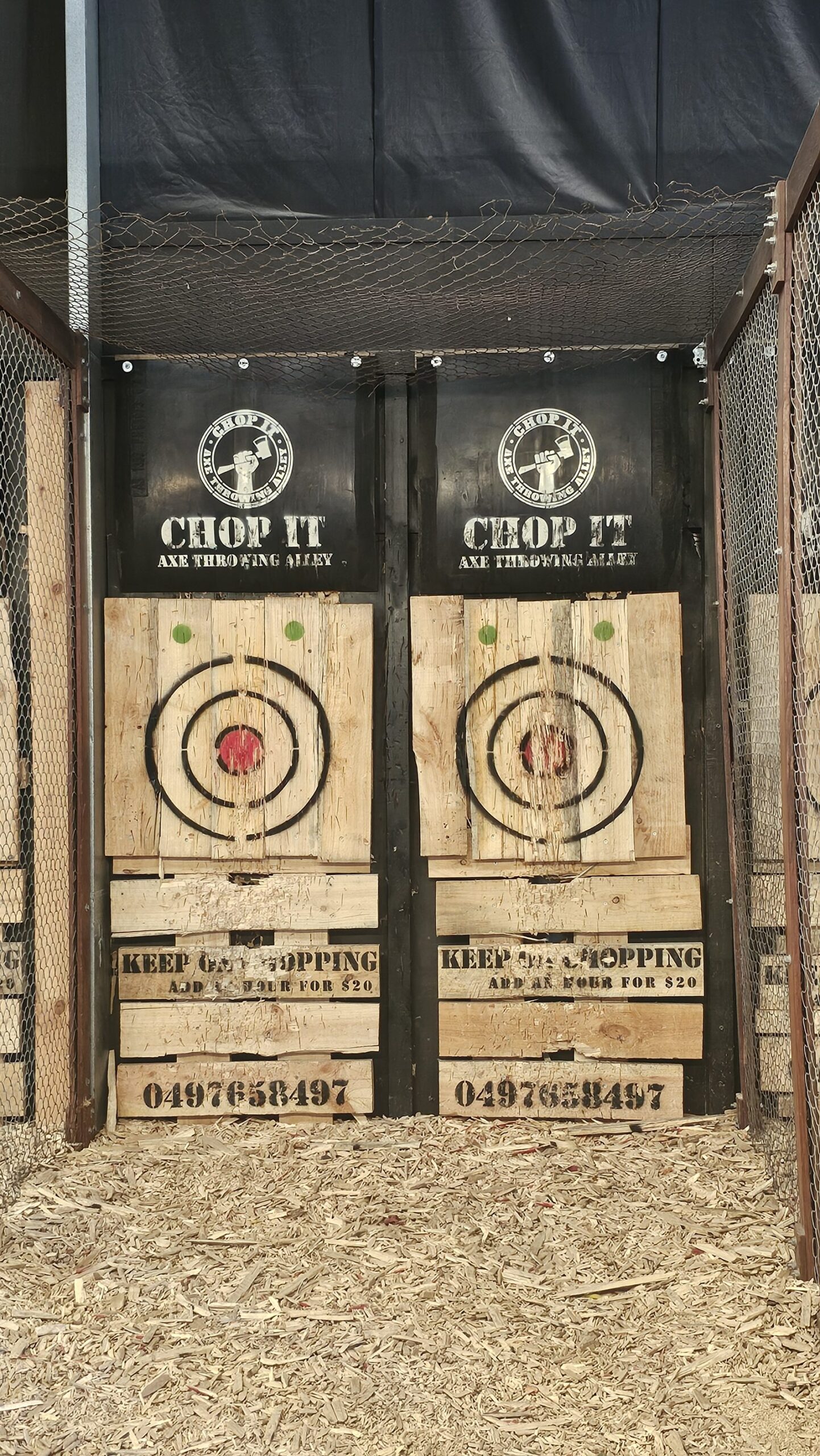 Axe throwing targets with Chop It branding at Victor Harbor